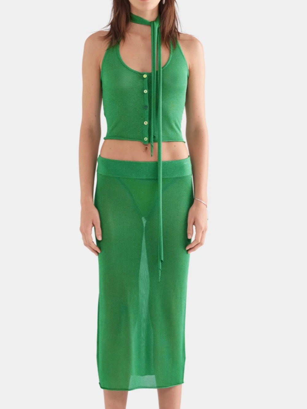 Venroy Lurex Knit Midi Skirt Bright Green